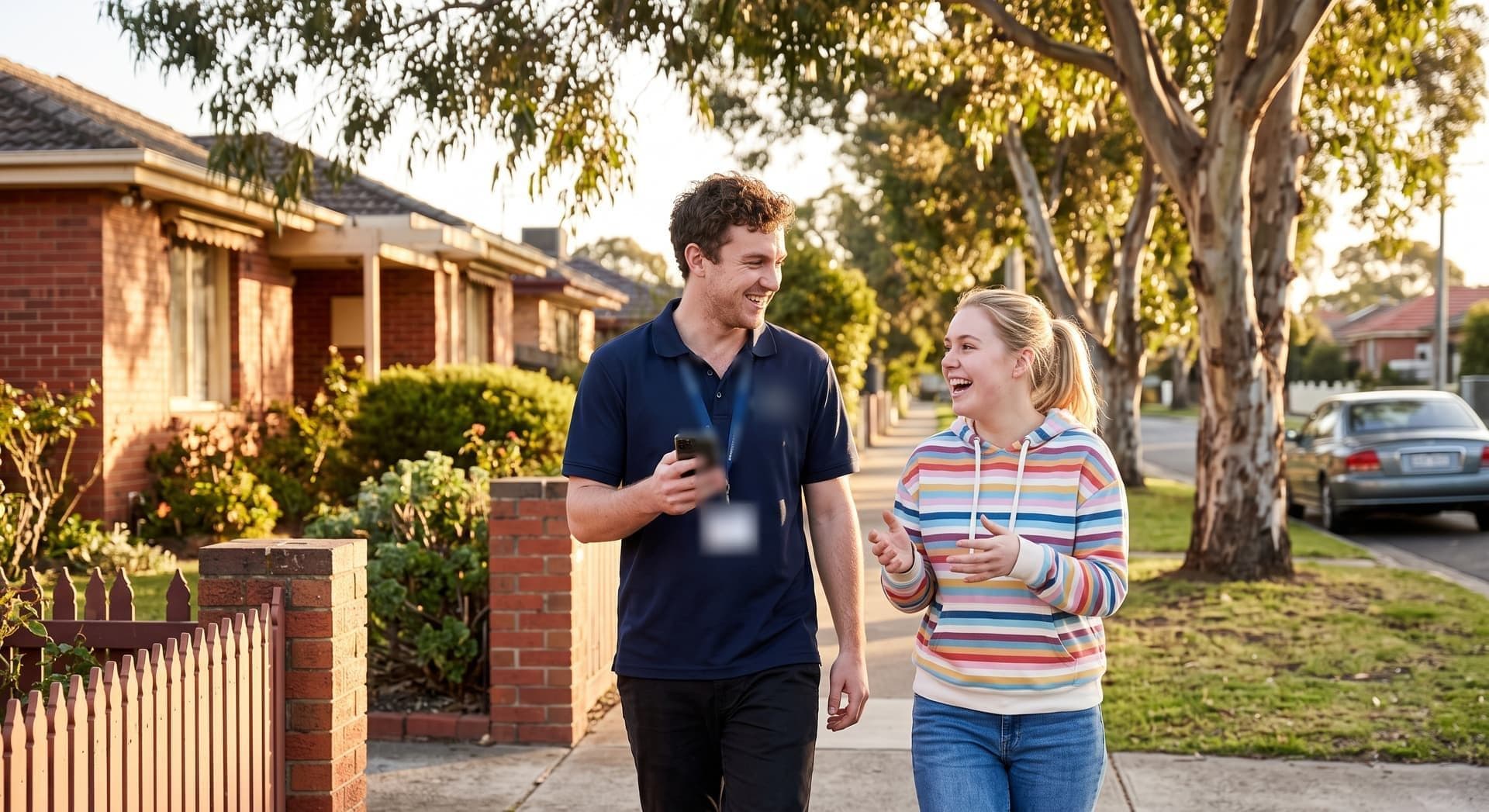 A support worker and a participant walking along a suburban street, talking and laughing