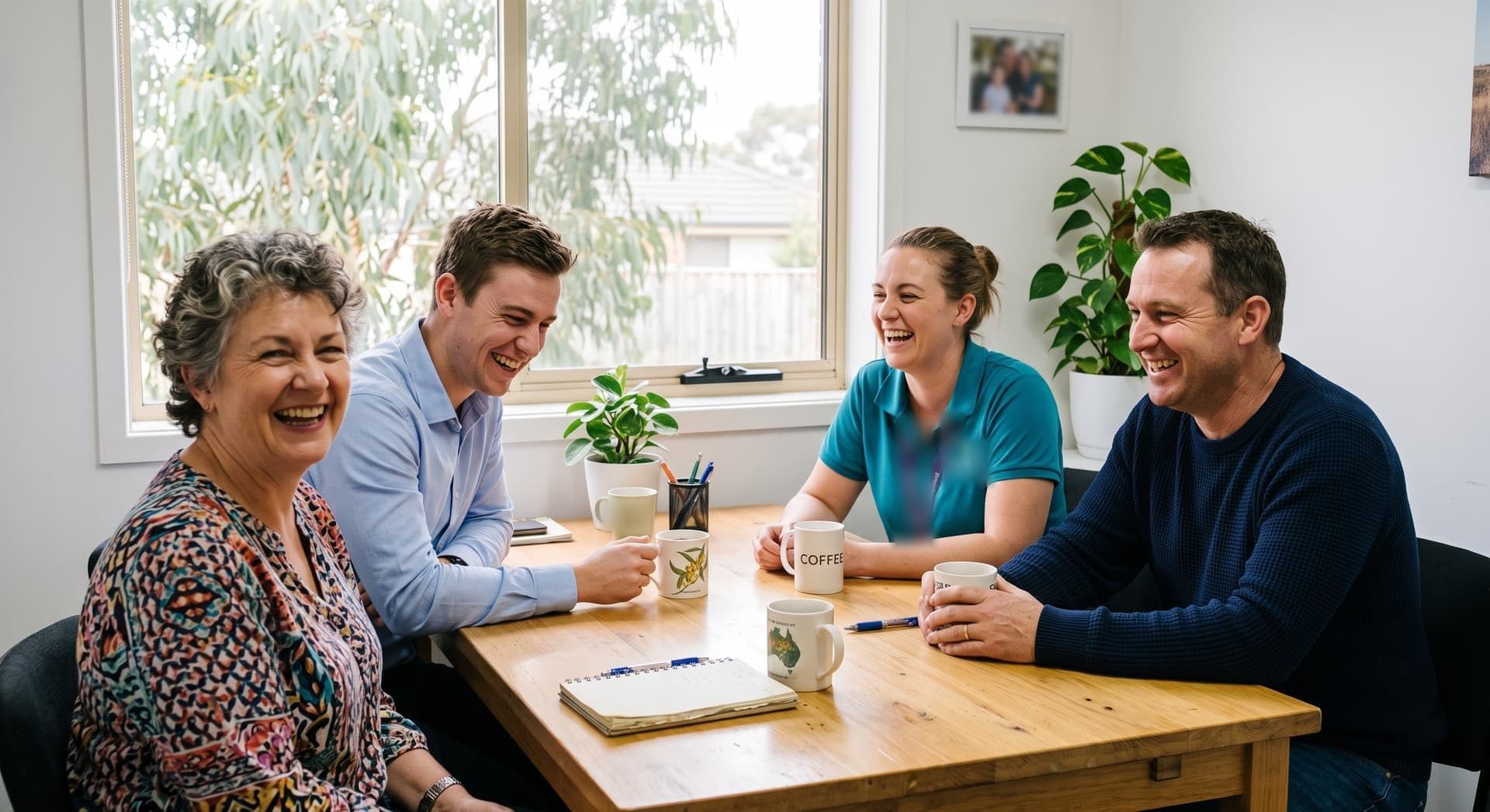 Four colleagues laughing together around a table in a small office